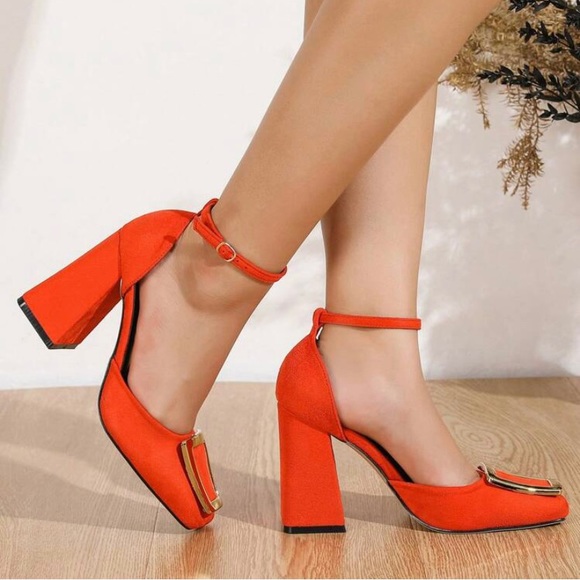 Orange Suedette Embellished Ankle Strap Block Heel Square Toe Pumps Shoes - Picture 4 of 5